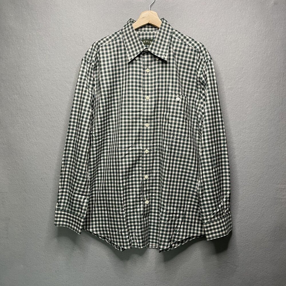 Orvis Mens Green & White Checkered Button-Up Shirt Long Sleeve Size L
